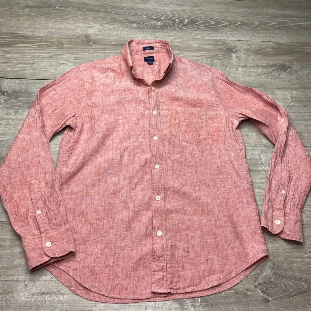 J.Crew Shirt Slim Fit Mens Medium Red Linen Cotton Blend Long Sleeve Button Down